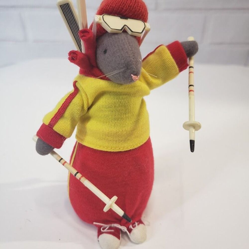 Adorable Vintage 70s Russ Berrie Plush Ski Mouse Rat Stuffed Animal Figurine